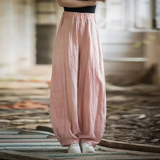 Elegant Women's Cotton Linen Baggy Cargo Pants Vintage Elastic Waist Yoga Trousers Loose Casual Long Wide Leg Oversize Clothes