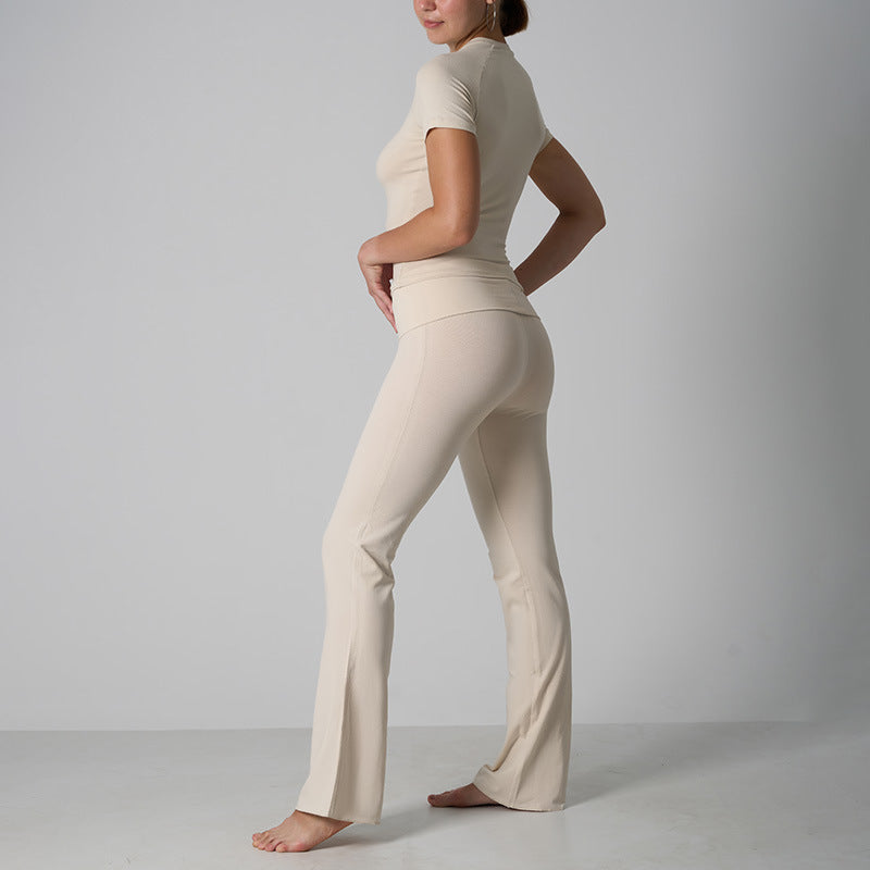 Classic Cotton Jersey Set -Casual Yoga Flare Pants with Short Sleeve